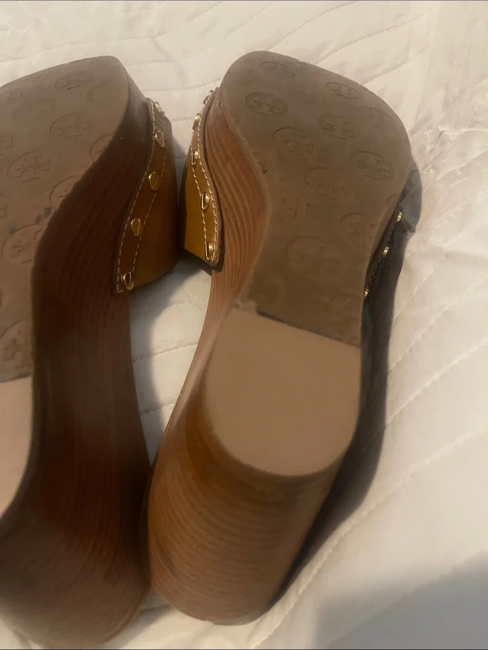 Tory Burch Cognac Leather Logo Slide Mules
